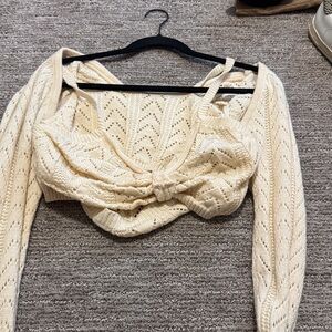 Cream Knit Cropped Tie-Front Sweater